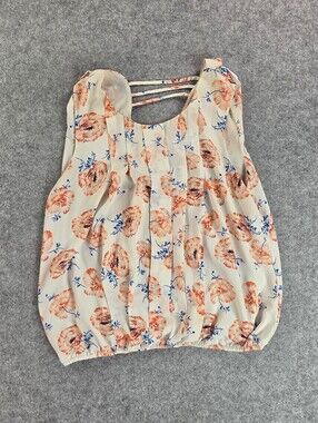 Meadow Rue Cream Floral Sleeveless Blouse Top Shirt Coral and Navy Accents Sz L